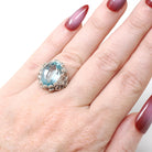 Aquamarine Flower Ring - Contemporary 14k White Gold Natural Oval 6.30 CT Solitaire - Circa 2000's Size 4 1/2 March Birthstone Fine Jewelry