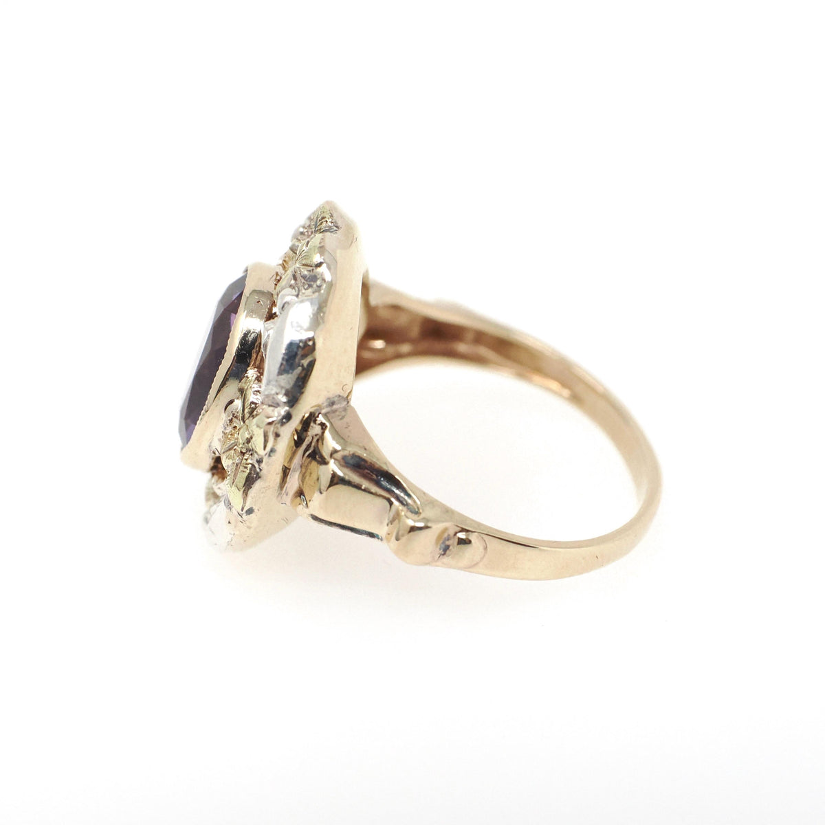 Vintage Amethyst Ring - Retro 10k Yellow Gold & Silver Purple Gem Flower Two Tone Halo - Circa 1940s Era Size 6.25 Cocktail Fine Jewelry