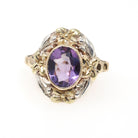 Vintage Amethyst Ring - Retro 10k Yellow Gold & Silver Purple Gem Flower Two Tone Halo - Circa 1940s Era Size 6.25 Cocktail Fine Jewelry