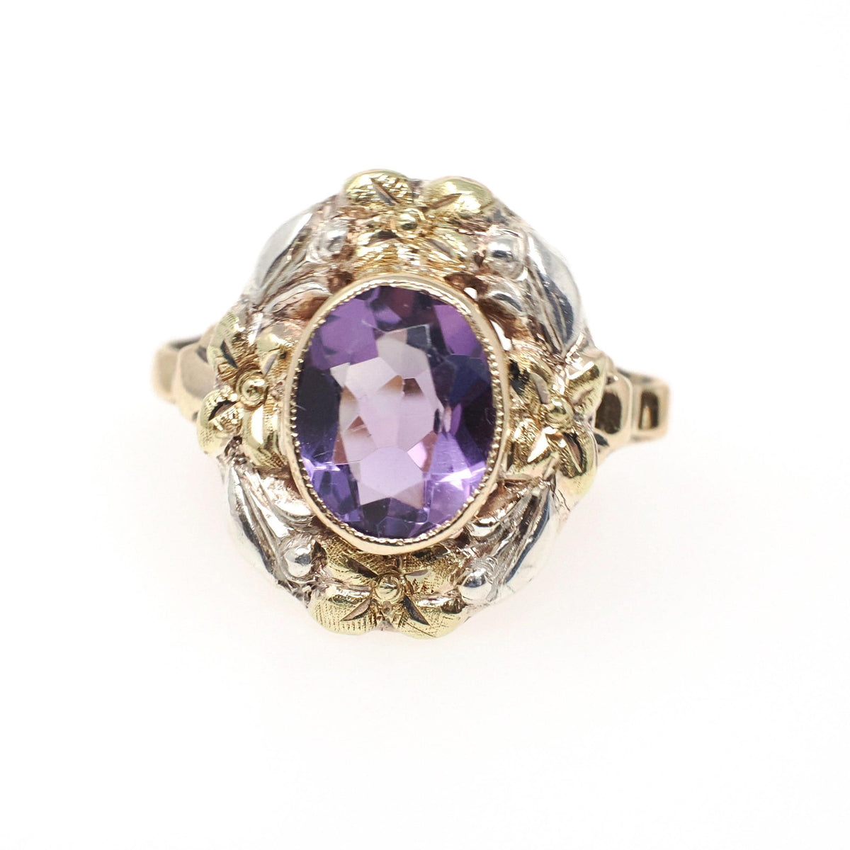 Vintage Amethyst Ring - Retro 10k Yellow Gold & Silver Purple Gem Flower Two Tone Halo - Circa 1940s Era Size 6.25 Cocktail Fine Jewelry