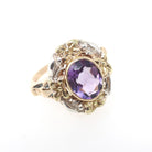 Vintage Amethyst Ring - Retro 10k Yellow Gold & Silver Purple Gem Flower Two Tone Halo - Circa 1940s Era Size 6.25 Cocktail Fine Jewelry