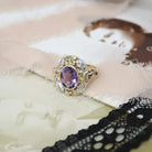 Vintage Amethyst Ring - Retro 10k Yellow Gold & Silver Purple Gem Flower Two Tone Halo - Circa 1940s Era Size 6.25 Cocktail Fine Jewelry