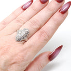Antique Shield Ring - Art Deco 18k White Gold Platinum .32 CTW Diamond Filigree Statement - Circa 1920s Era Size 6 1/4 Cocktail Fine Jewelry