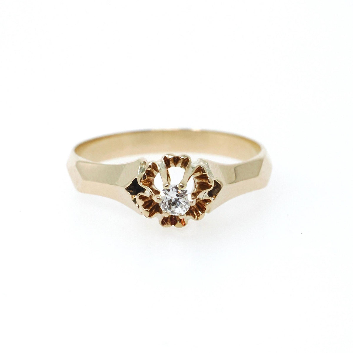 Vintage Diamond Ring - Mid Century 14k Yellow Gold Natural .08 CT Buttercup Solitaire - Circa 1950s Size 7.75 Knife Edge Flower Fine Jewelry