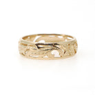Vintage Floral Band - Mid Century Era 14k Yellow Gold Pierced Leaf & Flowers Wedding Ring - Circa 1960s Nature 5.8 MM Size 7 Fine Jewelry
