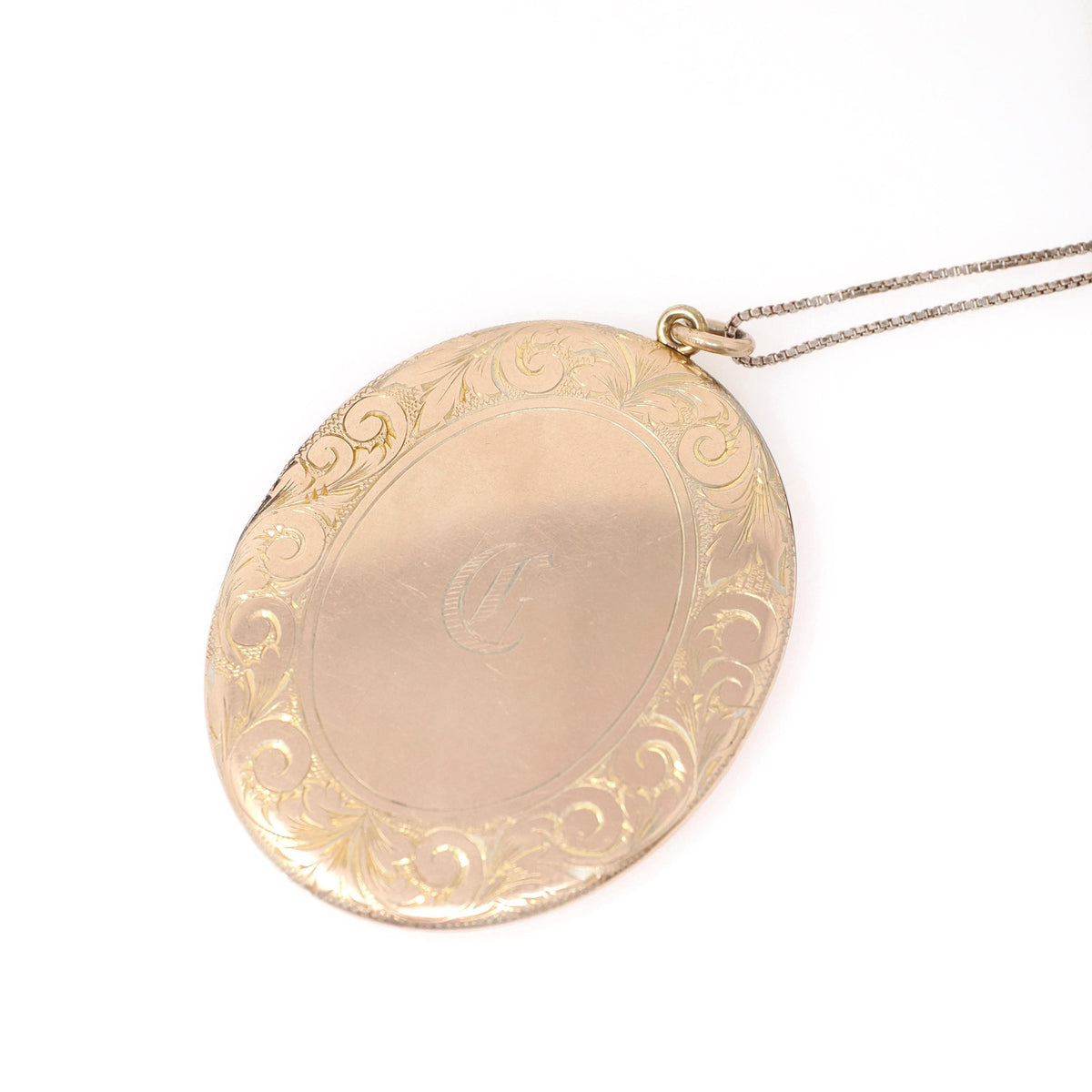 Letter "C" Locket - Edwardian Gold Filled Engraved Designs Oval Keepsake Pendant Necklace - Circa 1910s Era Large Statement Initial Jewelry