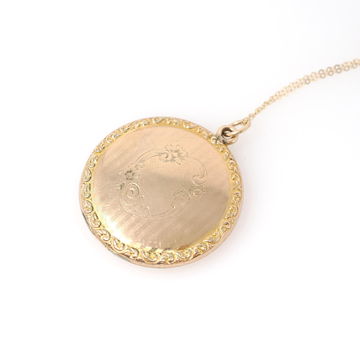 Antique Flower Locket - Edwardian Gold Filled Engraved Designs Pinstripe Pendant Necklace - Circa 1910s Era Round Keepsake Statement Jewelry