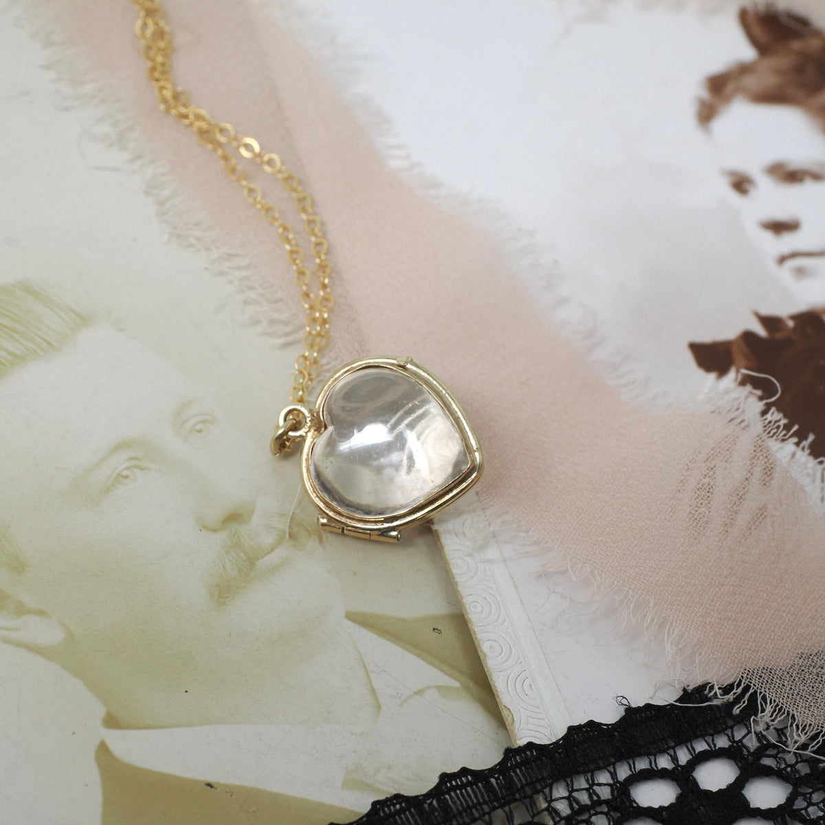 Edwardian Heart Locket - Antique 14k Yellow Gold Clear Glass Fob Pendant Necklace - Circa 1900s Era Memory Keepsake Fine Statement Jewelry