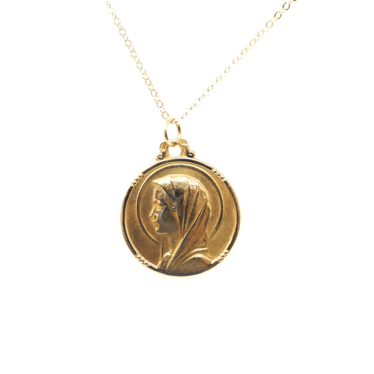 Vintage Charm Necklace - Estate 18k Yellow Gold Round Religious Faith Pendant - Bold Gold 1980s Blessed Virgin Mother Mary Fine Jewelry