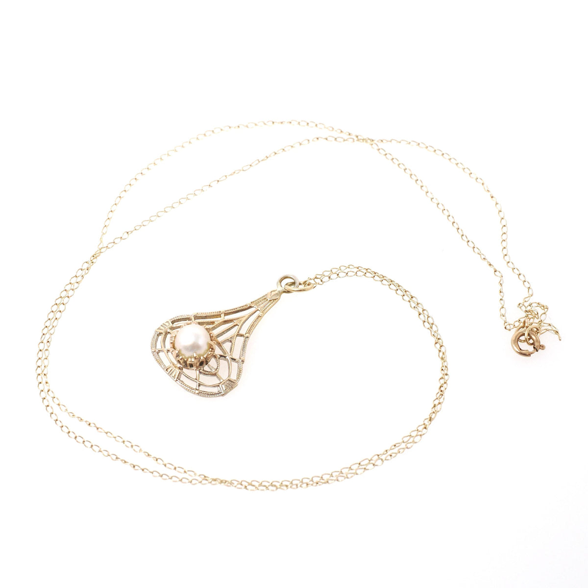Antique Lavalier Pendant - Art Deco 9k Yellow Gold Organic Akoya Cultured 5MM Pearl Necklace - Circa 1920s Era Fine June Birthstone Jewelry