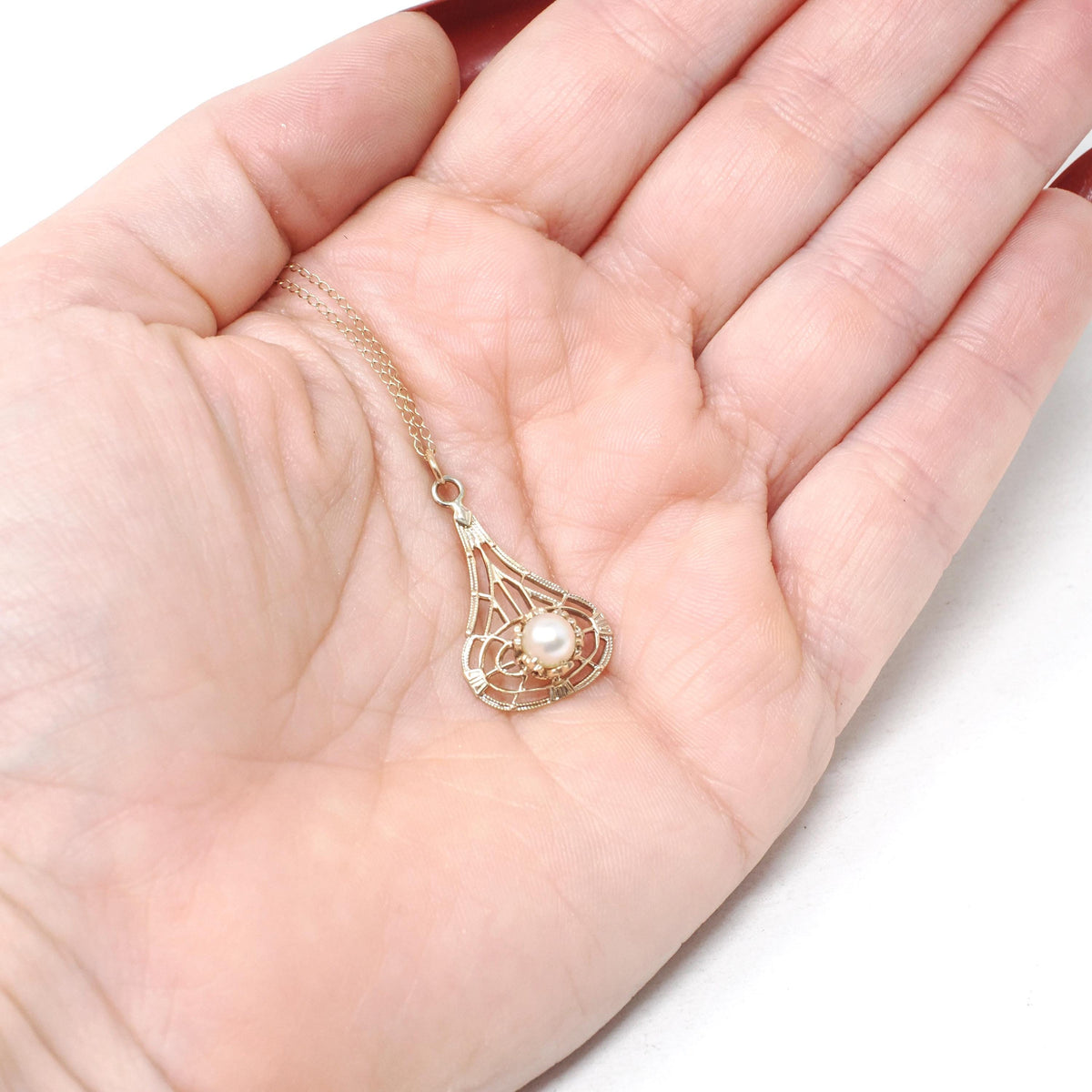 Antique Lavalier Pendant - Art Deco 9k Yellow Gold Organic Akoya Cultured 5MM Pearl Necklace - Circa 1920s Era Fine June Birthstone Jewelry