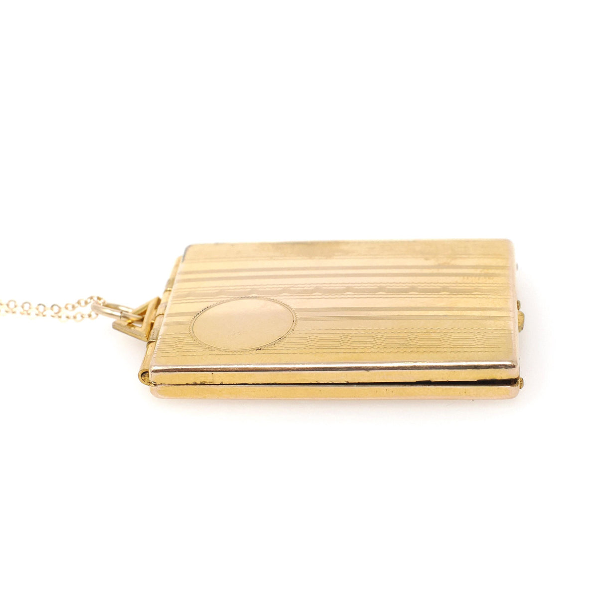 Art Deco Locket - Vintage Gold Filled Rectangular Pinstripe Designs Pendant Necklace - Circa 1930s Era Photograph Statement Fob Jewelry