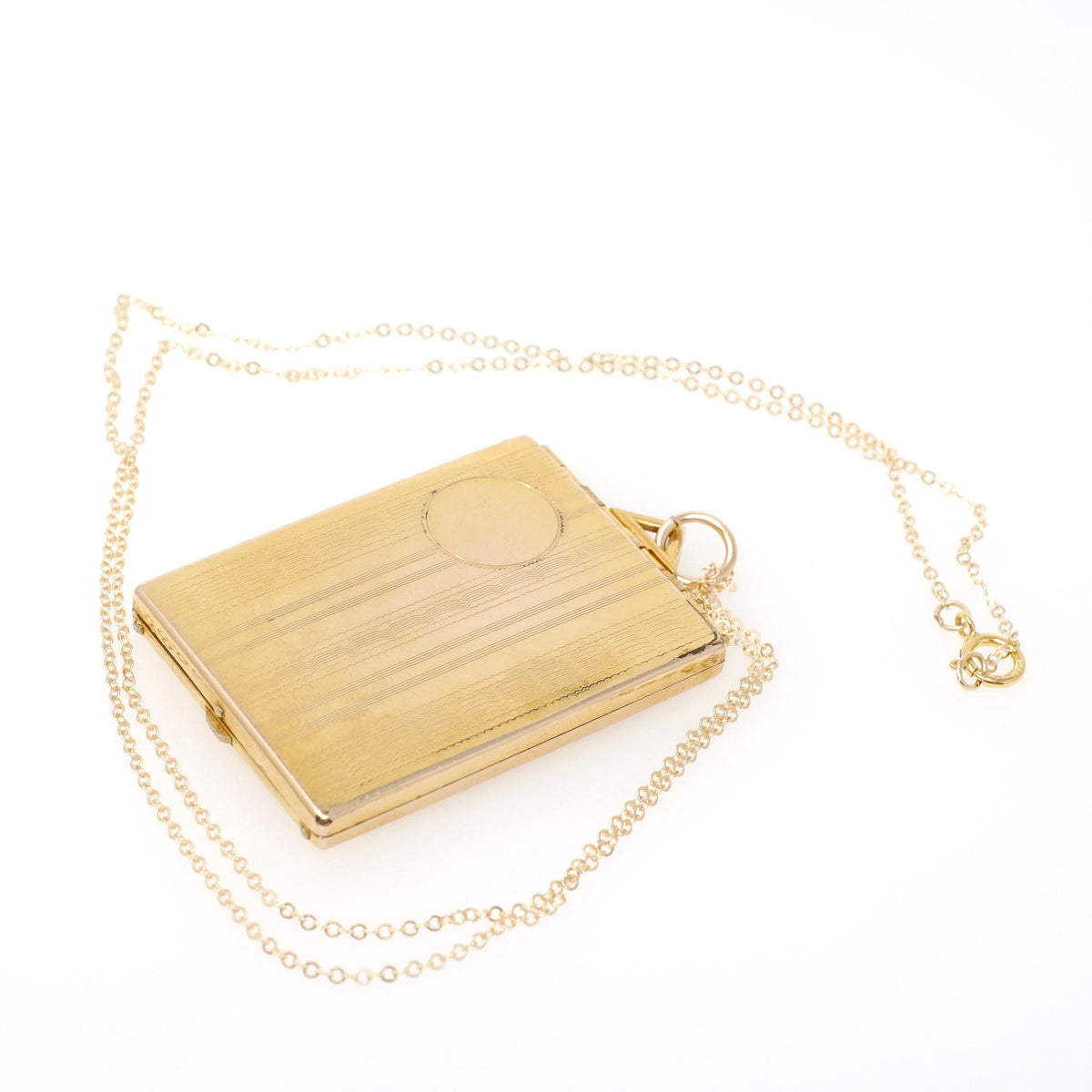 Art Deco Locket - Vintage Gold Filled Rectangular Pinstripe Designs Pendant Necklace - Circa 1930s Era Photograph Statement Fob Jewelry