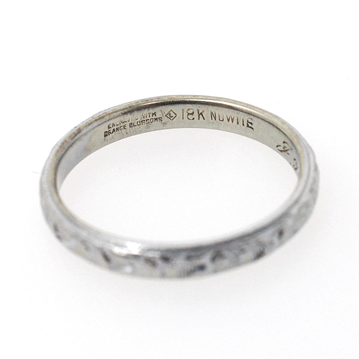 Art Deco Wedding Band - Antique 18k White Gold Orange Blossom 2.9 MM Eternity Ring - Circa 1920s Era Size 6 3/4 Engraved Bridal Fine Jewelry