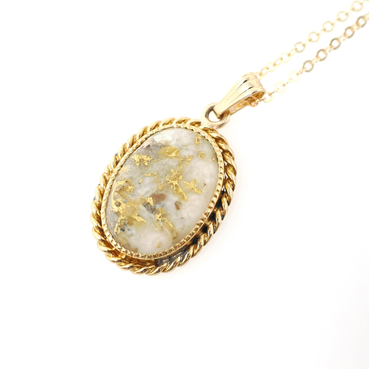 Gold in Quartz Pendant - Contemporary 14k Yellow Gold Oval Gemstone Charm Necklace - Estate Circa 1990s Era Twisted Rope Halo Fine Jewelry