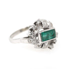 Emerald Bypass Ring - Vintage 18k White Gold Handmade Natural Green Gem & Diamonds Halo - Circa 1960s Size 8 1/2 Fine May Birthstone Jewelry