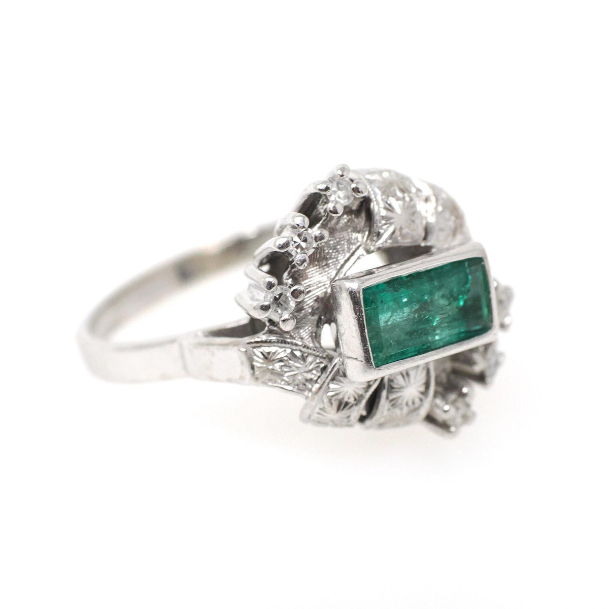 Emerald Bypass Ring - Vintage 18k White Gold Handmade Natural Green Gem & Diamonds Halo - Circa 1960s Size 8 1/2 Fine May Birthstone Jewelry