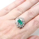 Emerald Bypass Ring - Vintage 18k White Gold Handmade Natural Green Gem & Diamonds Halo - Circa 1960s Size 8 1/2 Fine May Birthstone Jewelry