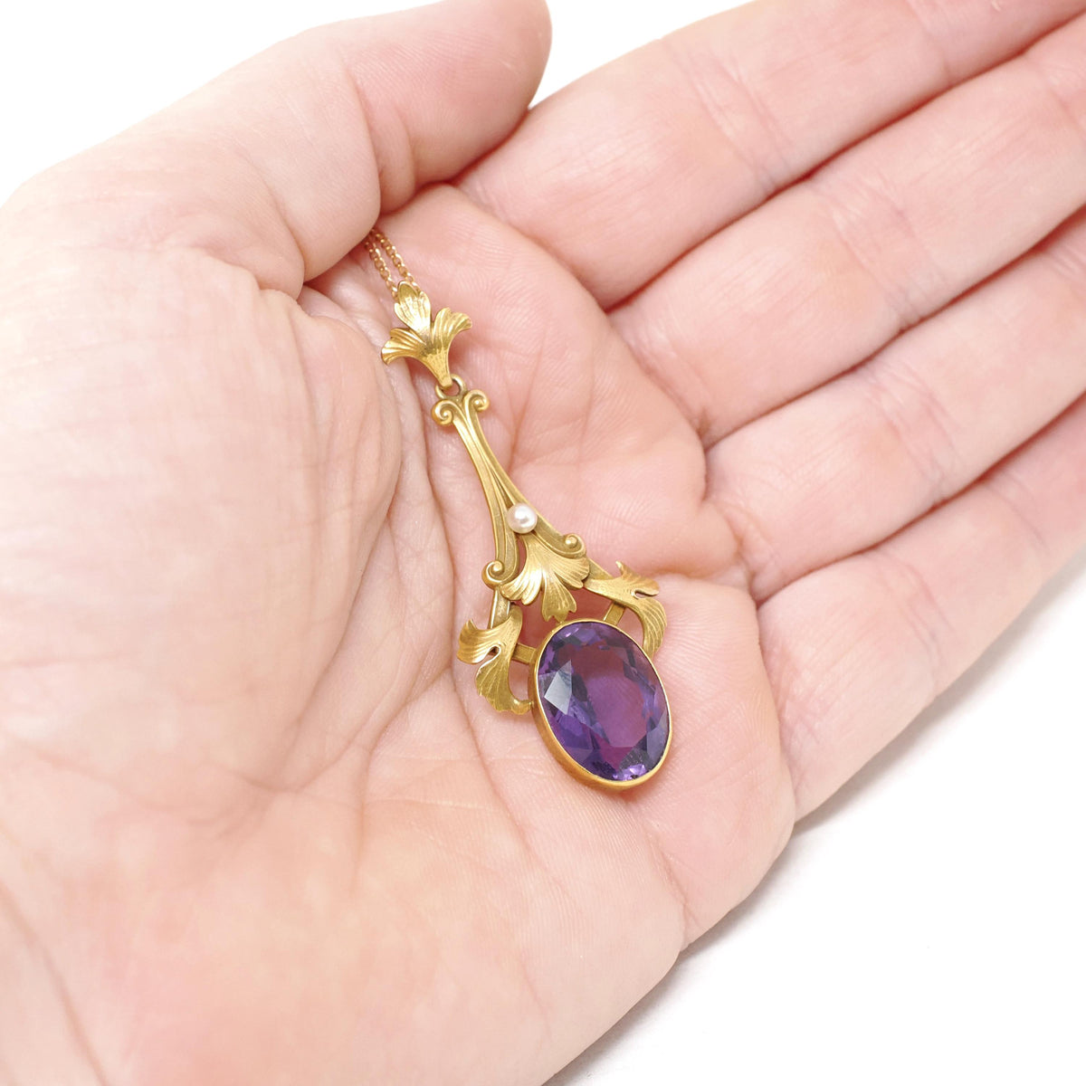 Antique Amethyst Lavalier - Edwardian Era 14k Yellow Gold Natural 5.49 CT Purple Gemstone - Circa 1910s Charm Necklace Pendant Fine Jewelry