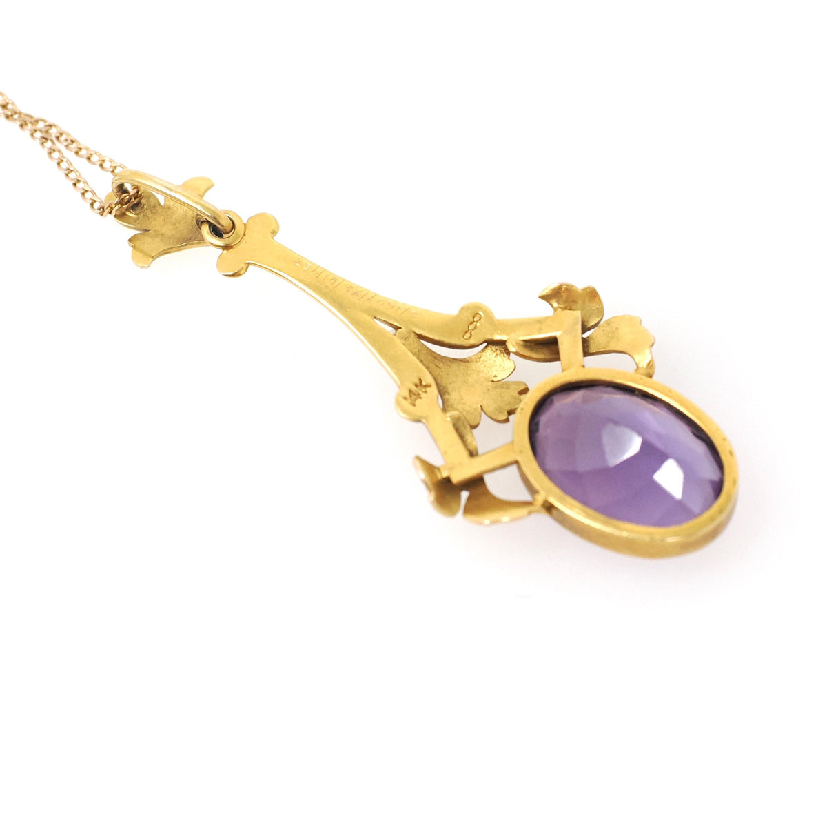 Antique Amethyst Lavalier - Edwardian Era 14k Yellow Gold Natural 5.49 CT Purple Gemstone - Circa 1910s Charm Necklace Pendant Fine Jewelry