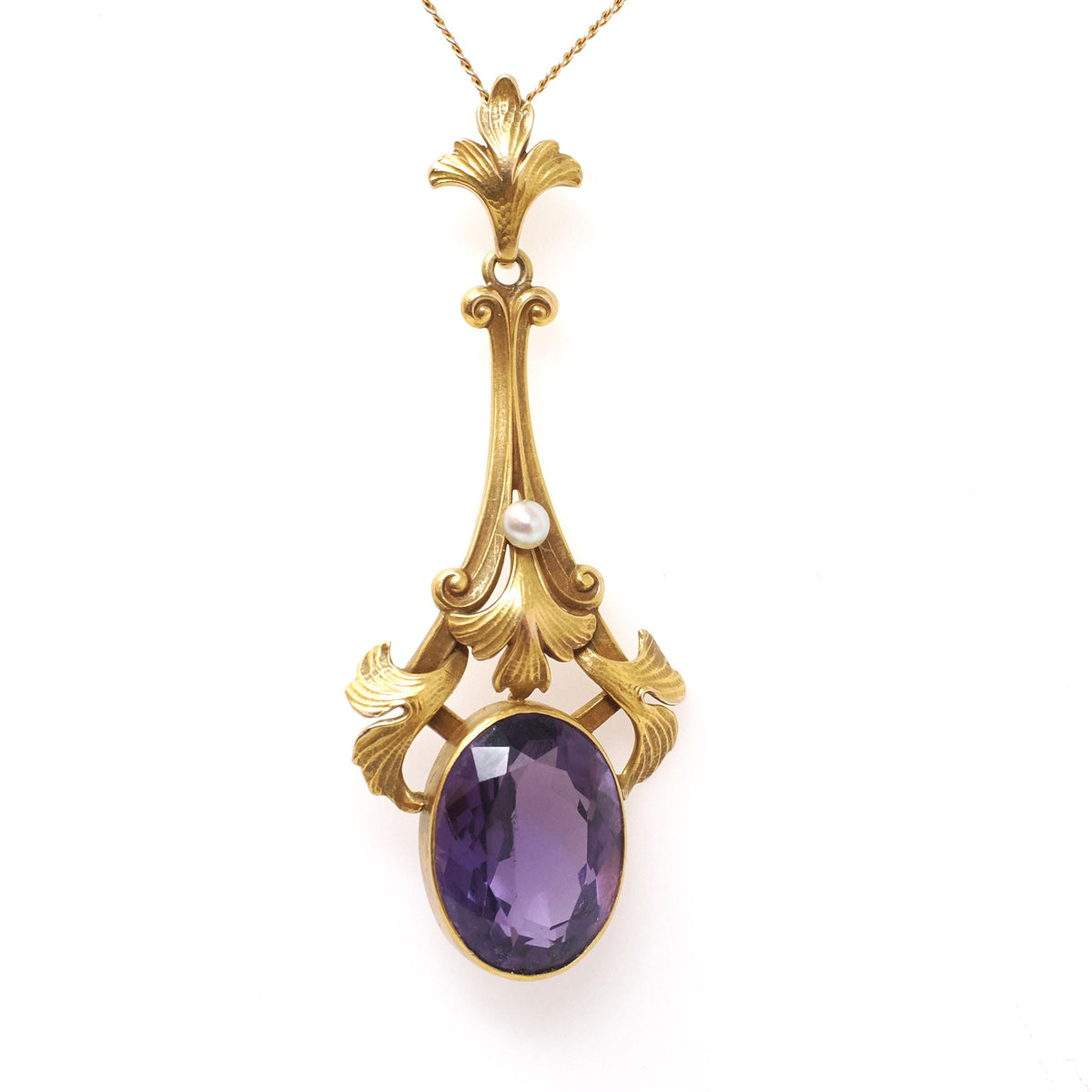Antique Amethyst Lavalier - Edwardian Era 14k Yellow Gold Natural 5.49 CT Purple Gemstone - Circa 1910s Charm Necklace Pendant Fine Jewelry