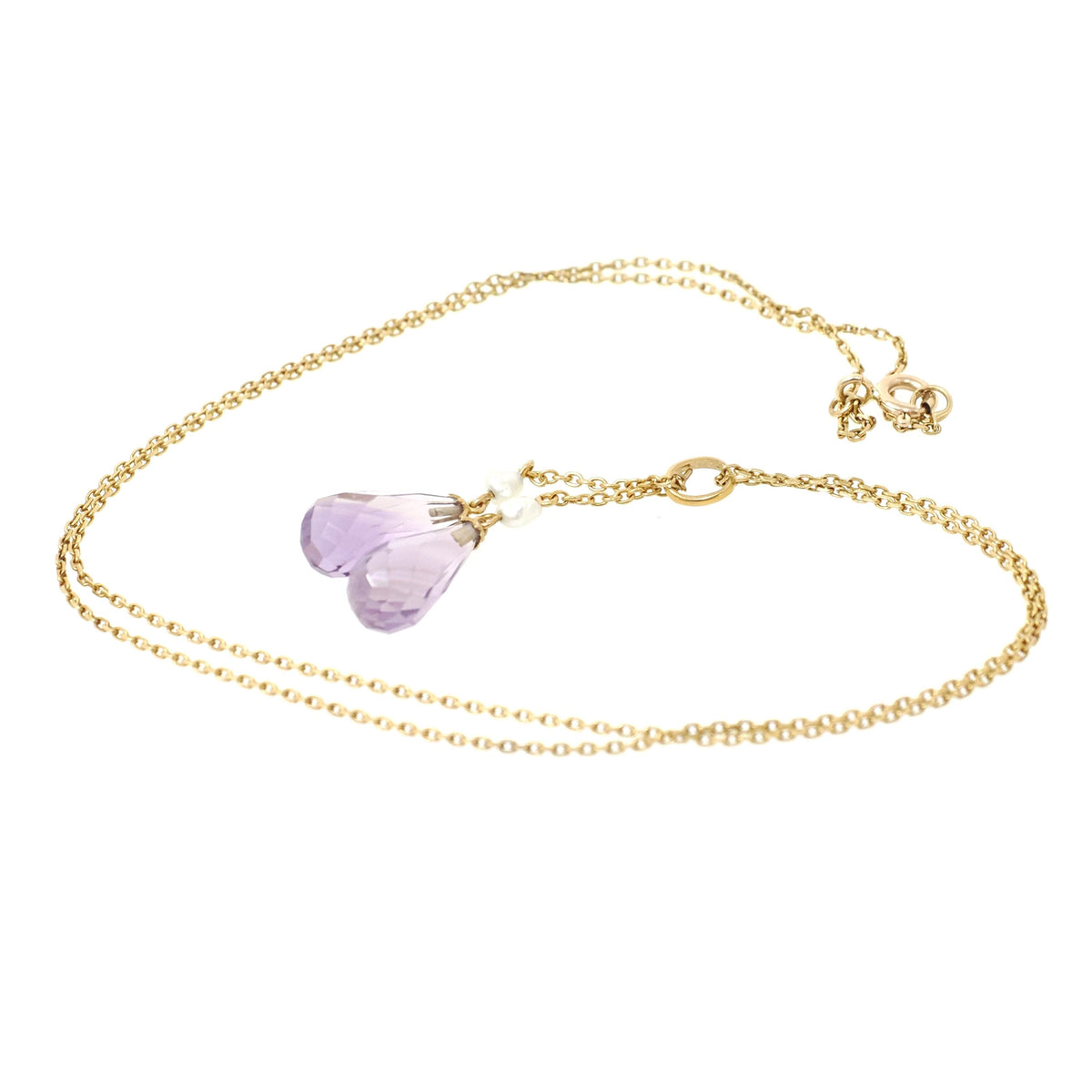 Edwardian Lariat Necklace - Antique 14k & 18k Yellow Gold Amethyst Gemstone Drop Briolettes - Circa 1910s February Birthstone Fine Jewelry