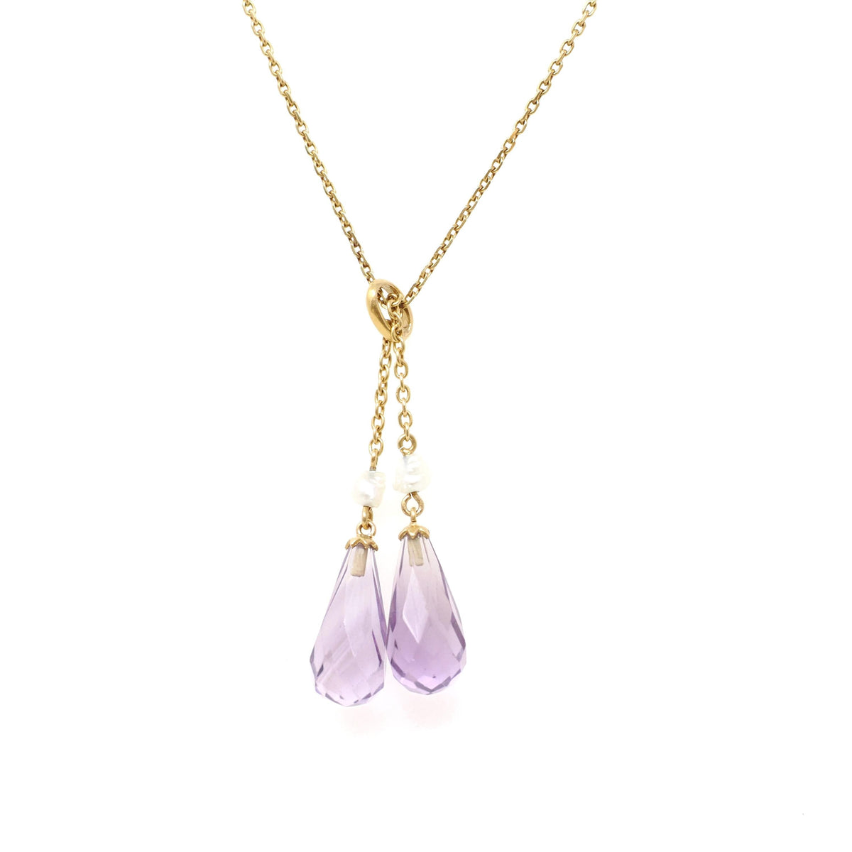 Edwardian Lariat Necklace - Antique 14k & 18k Yellow Gold Amethyst Gemstone Drop Briolettes - Circa 1910s February Birthstone Fine Jewelry