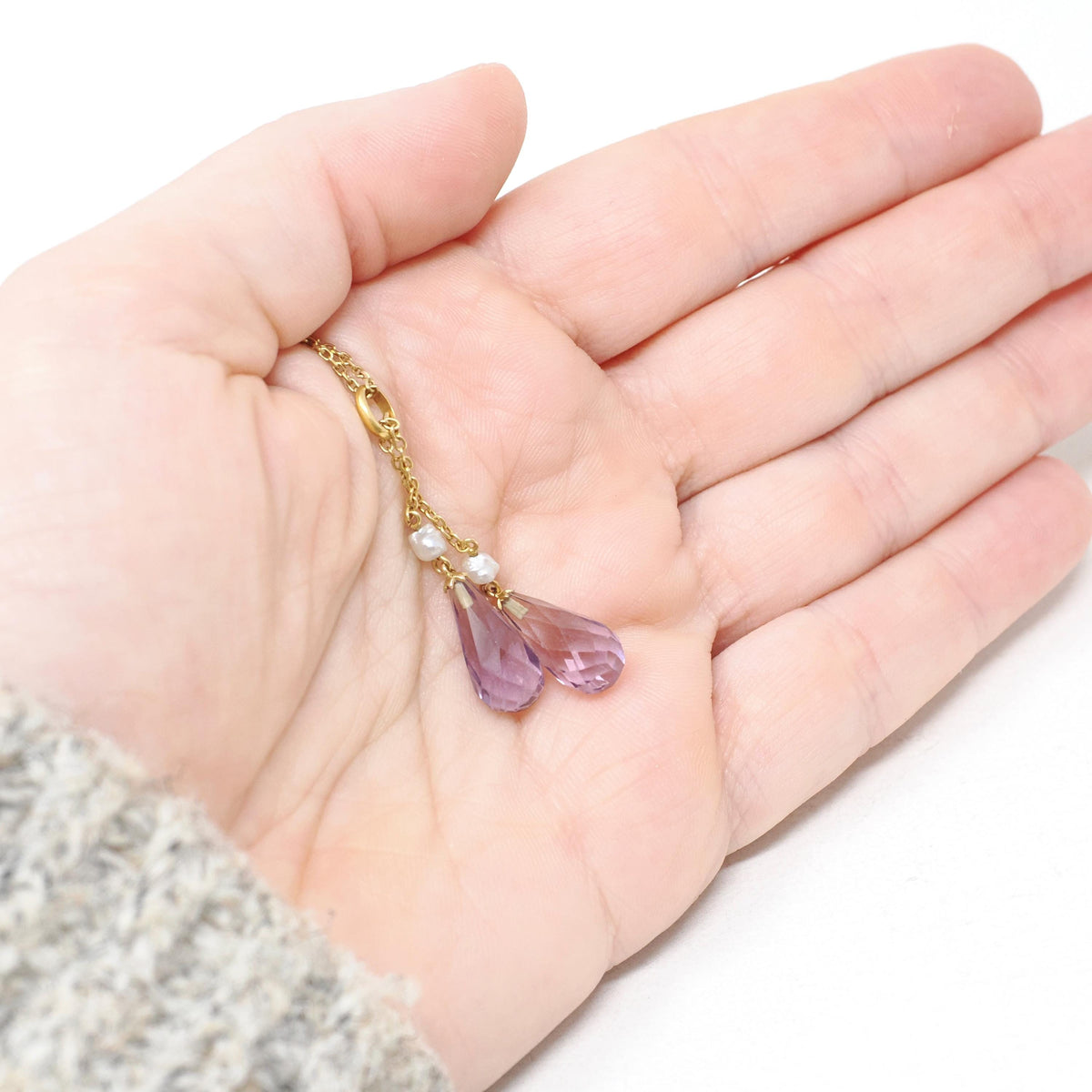 Edwardian Lariat Necklace - Antique 14k & 18k Yellow Gold Amethyst Gemstone Drop Briolettes - Circa 1910s February Birthstone Fine Jewelry