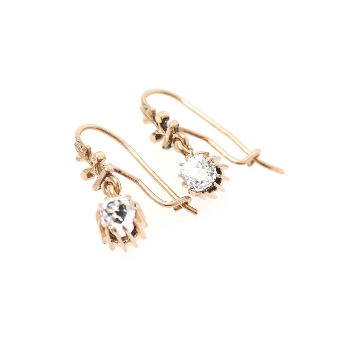 Victorian Paste Earrings - Antique 10k Rosy Yellow Gold Dangle Drops - Circa 1890s Era Faceted Old Mine Clear Glass Candlelight Fine Jewelry
