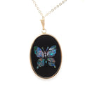 Vintage Butterfly Pendant - Contemporary 14K Yellow Gold Black Glass Mosaic Opal Inlay Charm - Estate Circa 2000s Wing Necklace Fine Jewelry