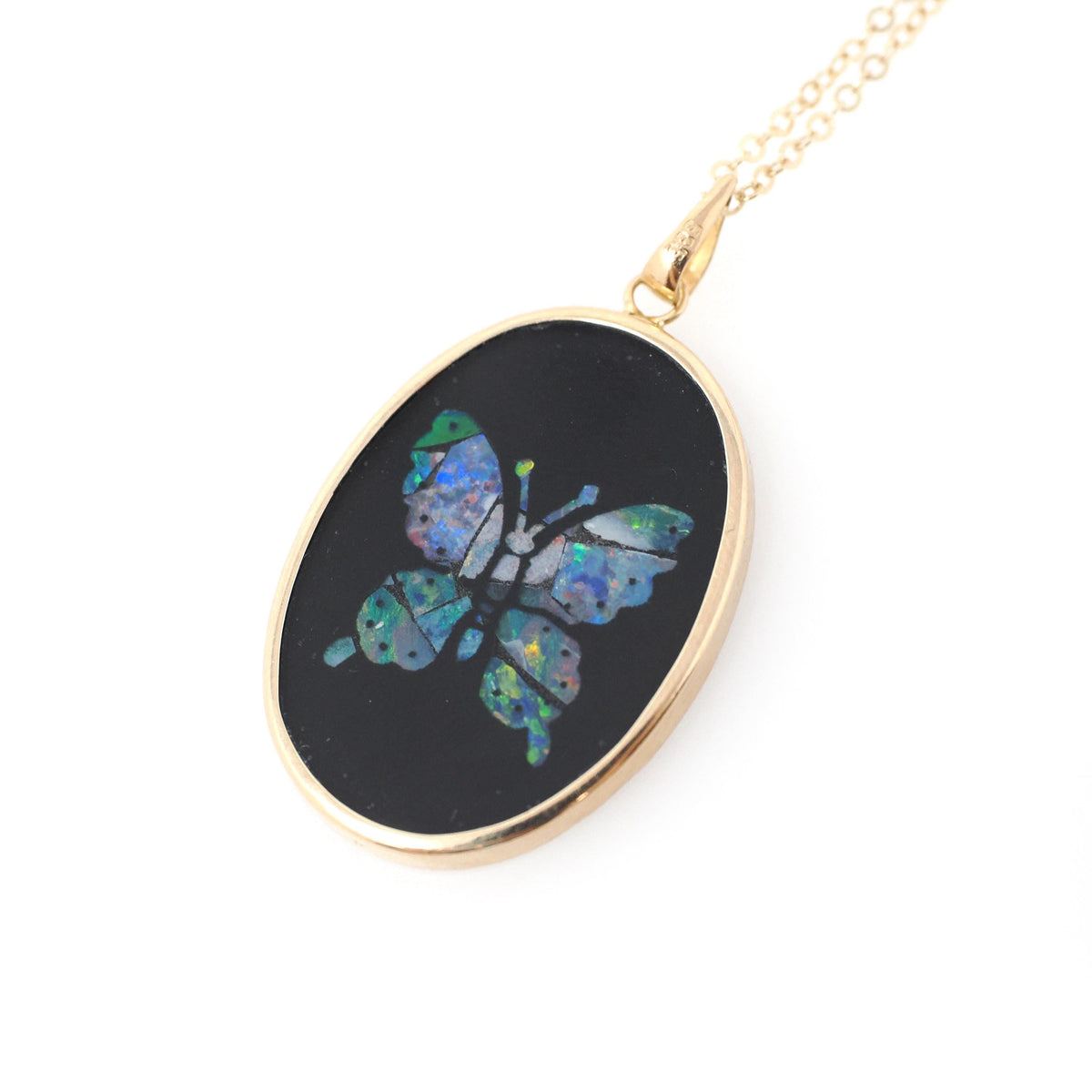 Vintage Butterfly Pendant - Contemporary 14K Yellow Gold Black Glass Mosaic Opal Inlay Charm - Estate Circa 2000s Wing Necklace Fine Jewelry