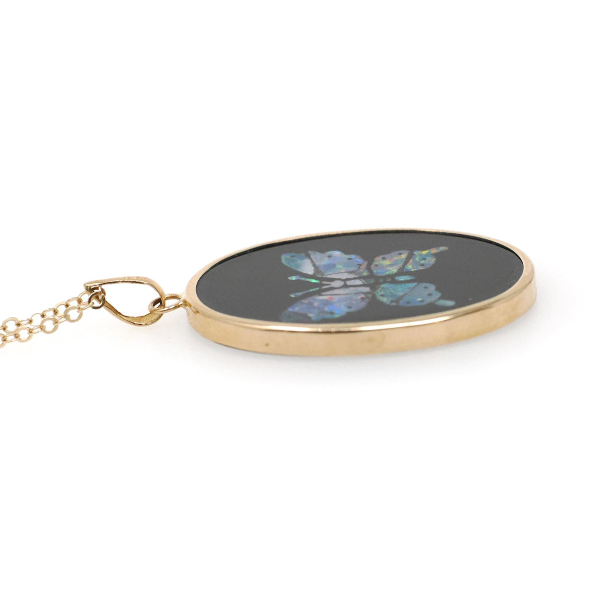Vintage Butterfly Pendant - Contemporary 14K Yellow Gold Black Glass Mosaic Opal Inlay Charm - Estate Circa 2000s Wing Necklace Fine Jewelry