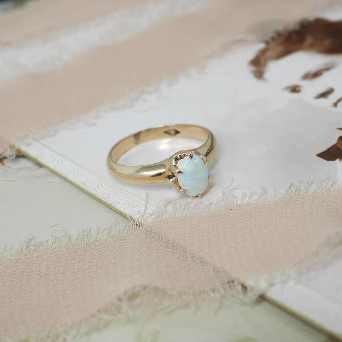 Antique Opal Ring - Edwardian 10k Yellow Gold Cabochon .46 CT Gemstone - Circa 1910s Era Size 5.75 October Birthstone Solitaire Fine Jewelry