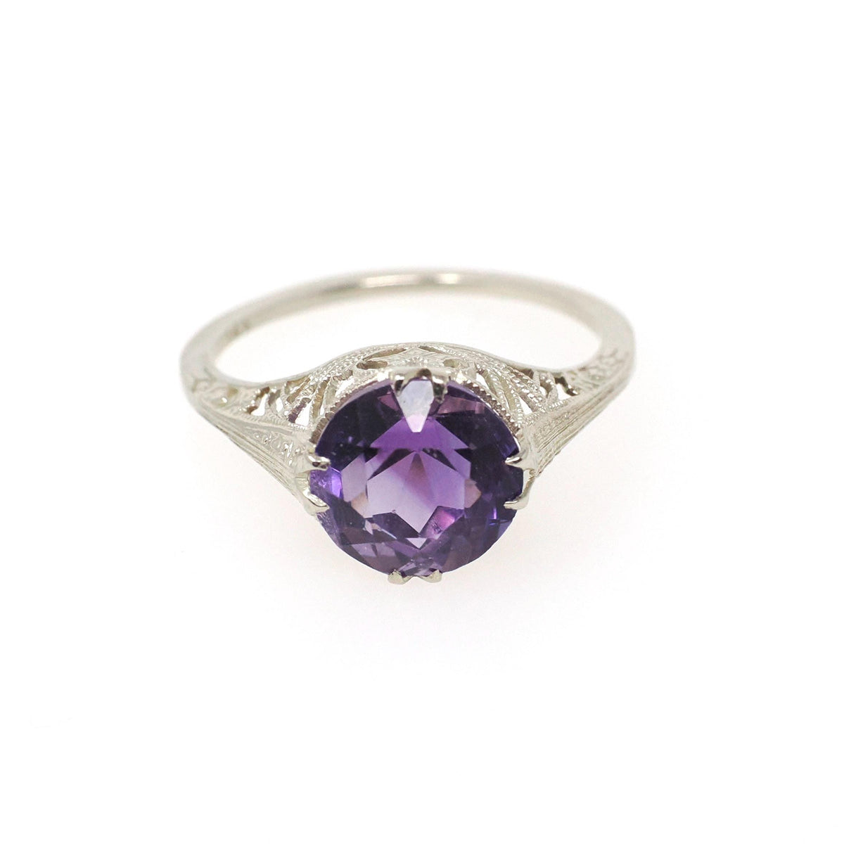 Amethyst Filigree Ring - Art Deco 14k White Gold Round Faceted 2.29 CT Purple Gemstone Solitaire - Circa 1930s Era Size 5 3/4 Fine Jewelry