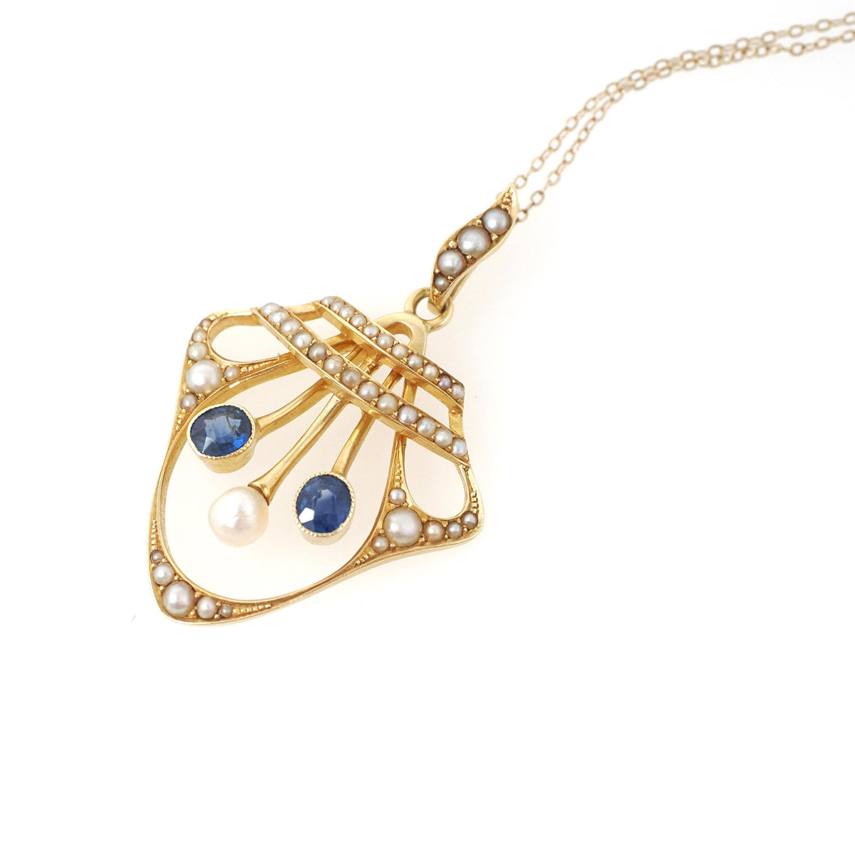 Antique Lavalier Necklace - Edwardian 15k Yellow Gold Seed Pearl & Blue Sapphire Pendant - Vintage Circa 1910s Era Fine Statement Jewelry