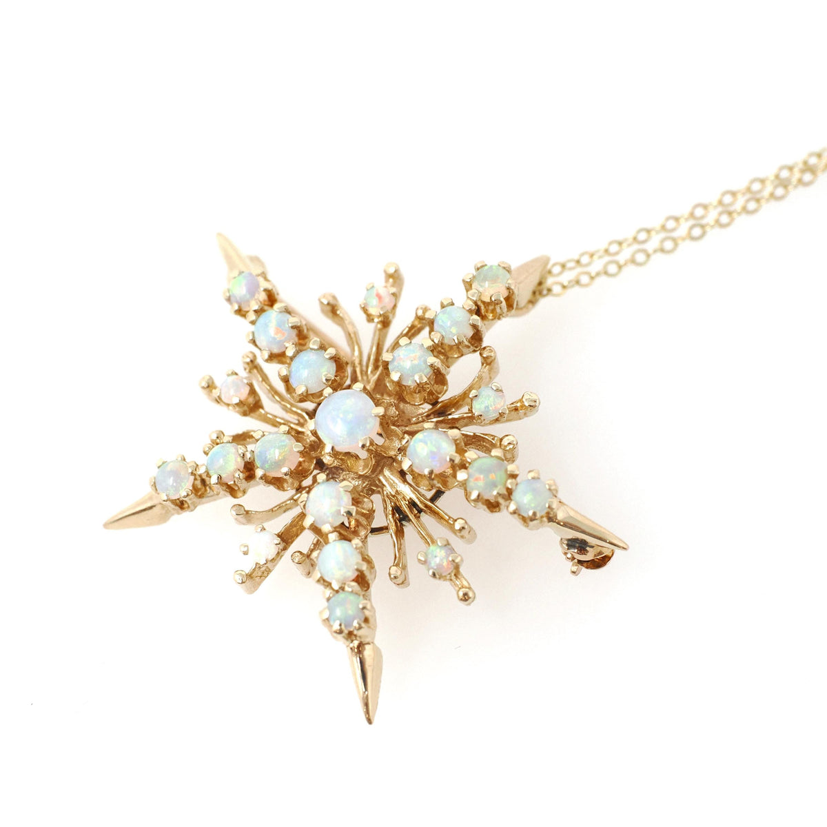 Vintage Opal Necklace - Mid Century 14K Yellow Gold Natural Cabochon Cut Gems - Circa 1960s Era Snowflake Pendant Charm Fine Star Jewelry