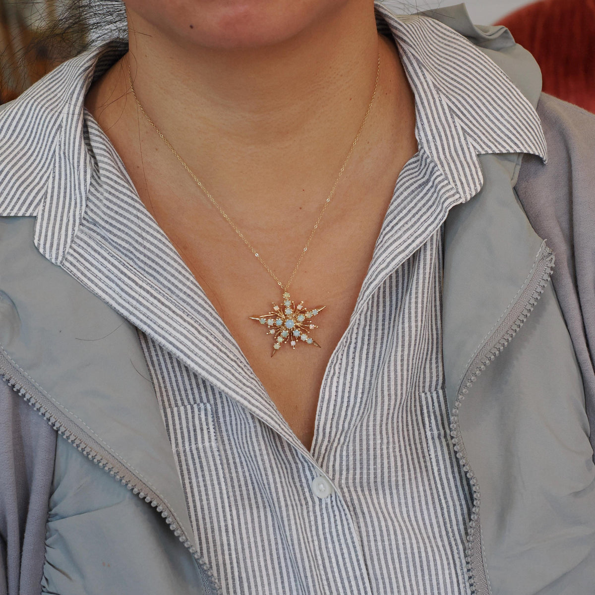 Vintage Opal Necklace - Mid Century 14K Yellow Gold Natural Cabochon Cut Gems - Circa 1960s Era Snowflake Pendant Charm Fine Star Jewelry