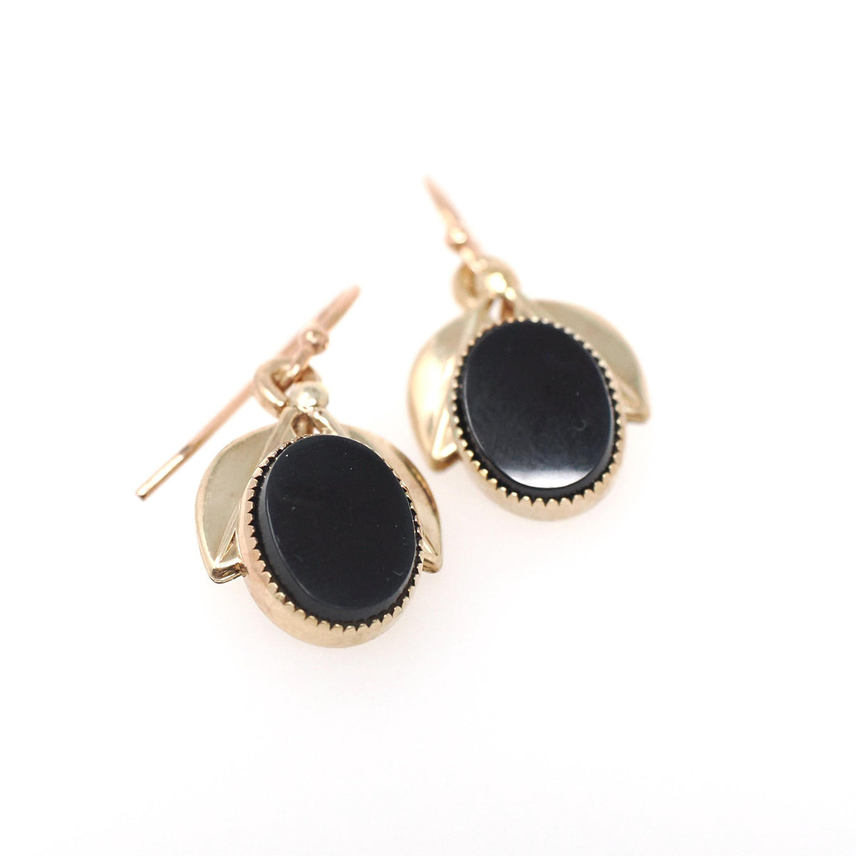 Vintage Onyx Earrings - Modernist 14k Gold Filled Black Chalcedony Gemstone Drops - Circa 1960s Era Nature Inspired Dangle Wire Back Jewelry
