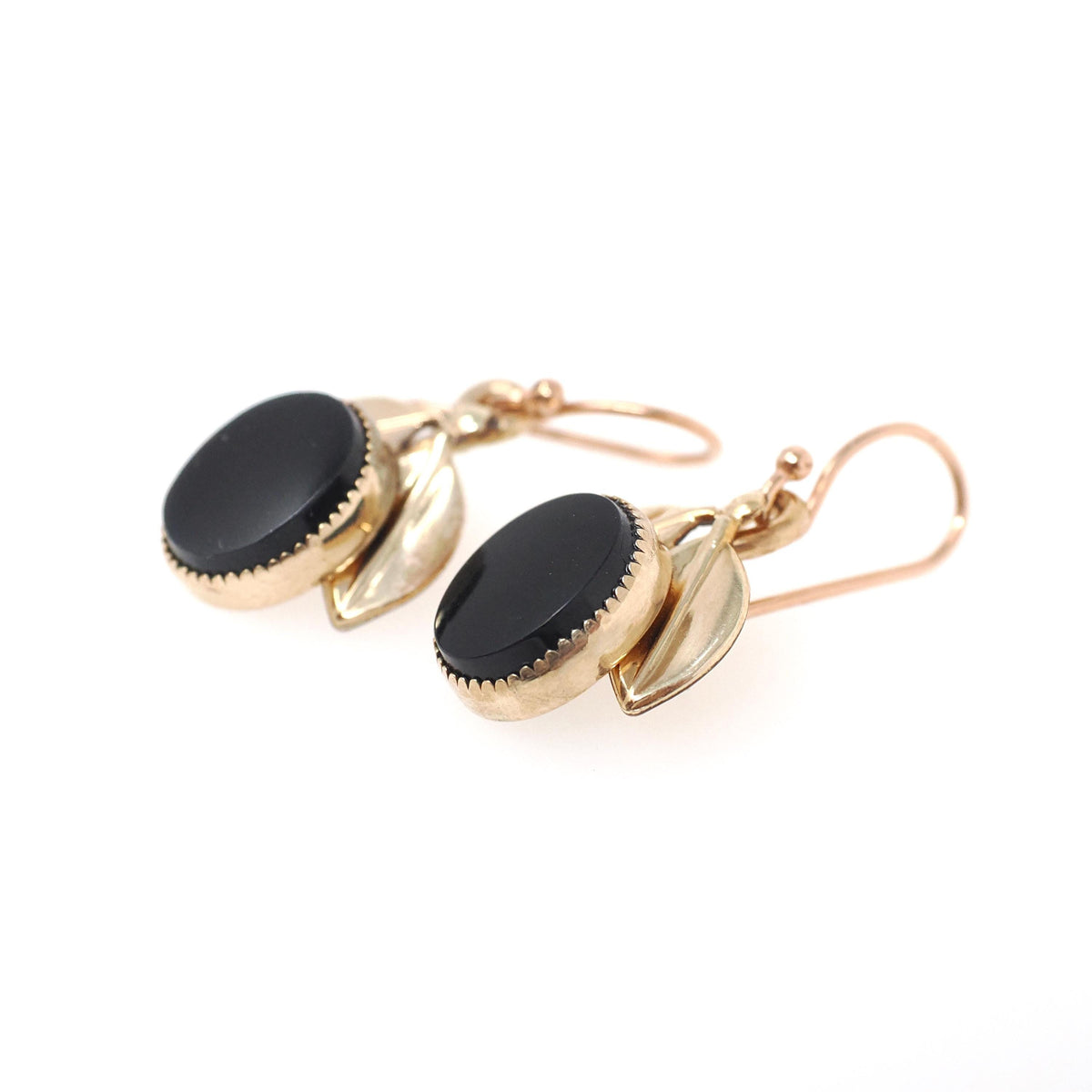 Vintage Onyx Earrings - Modernist 14k Gold Filled Black Chalcedony Gemstone Drops - Circa 1960s Era Nature Inspired Dangle Wire Back Jewelry