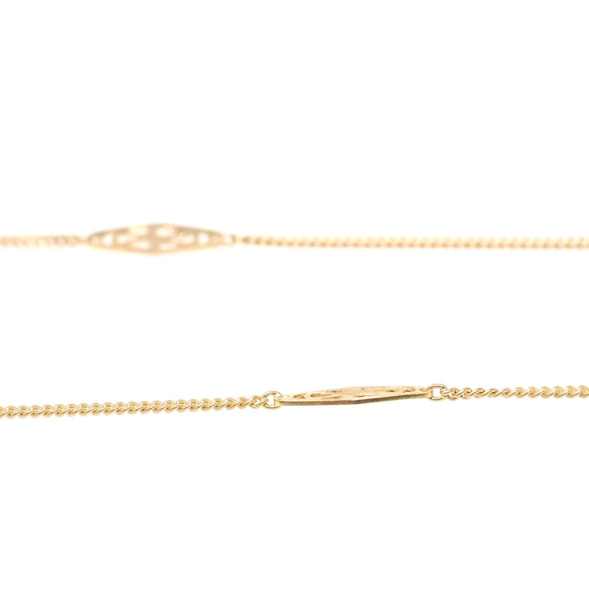Vintage Station Necklace - Modernist 14k Yellow Gold Filigree Panels Curb Link Chain - Circa 1970s Era 19.5 Inches Spring Ring Fine Jewelry
