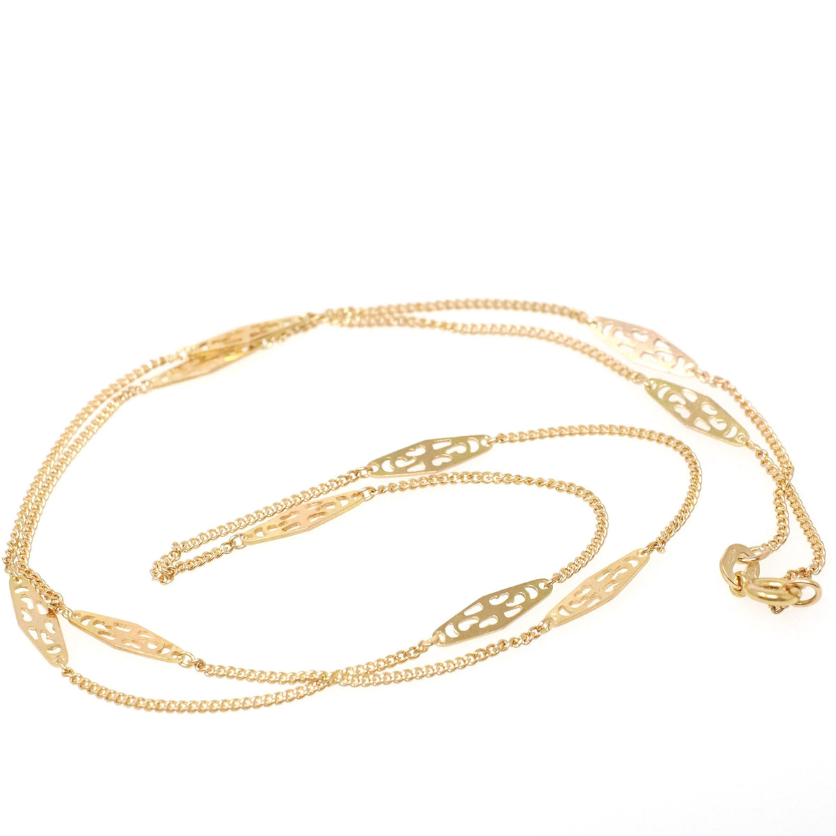 Vintage Station Necklace - Modernist 14k Yellow Gold Filigree Panels Curb Link Chain - Circa 1970s Era 19.5 Inches Spring Ring Fine Jewelry