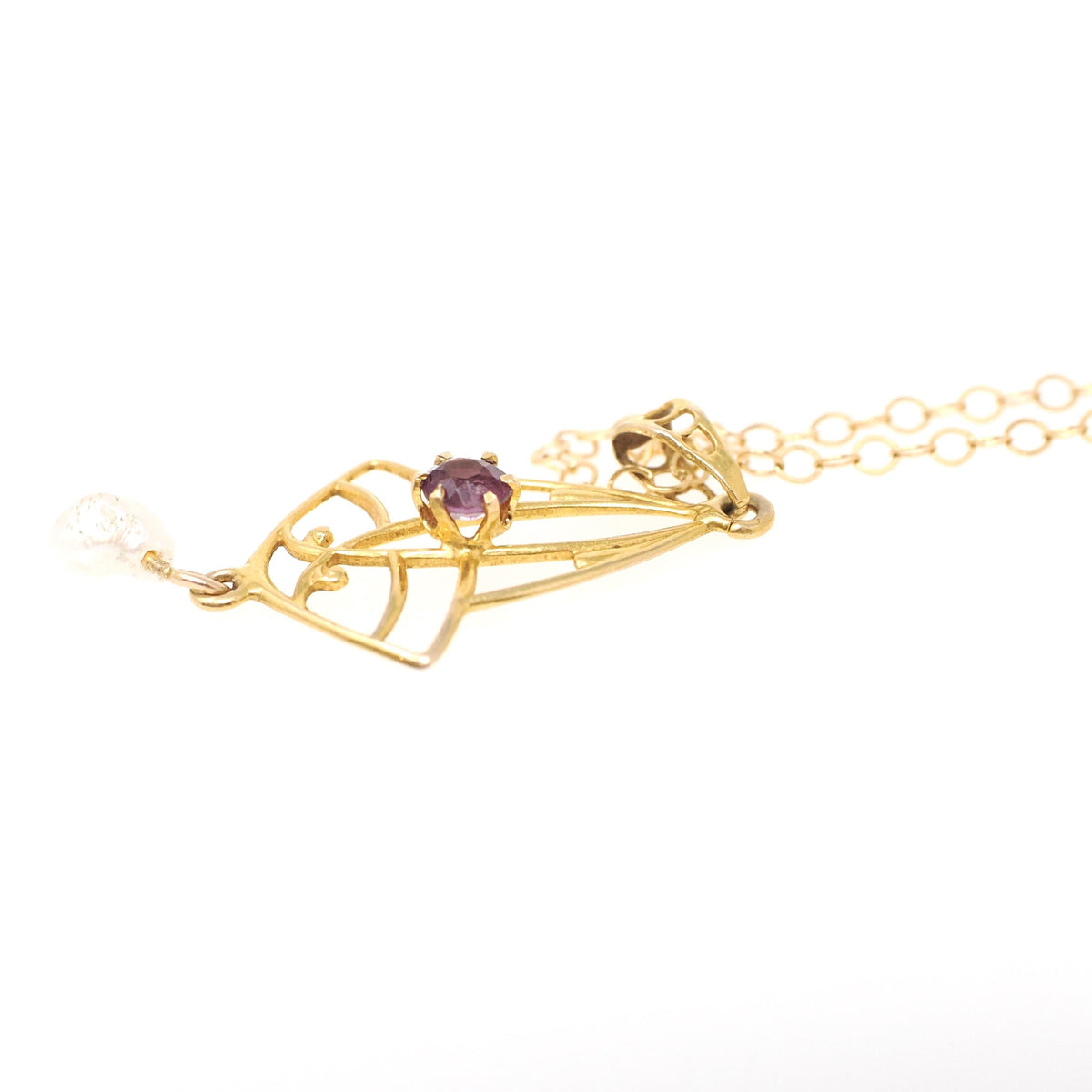 Antique Lavalier Necklace - Edwardian 10k Yellow Gold Purple Glass Pendant - Circa 1910s Era Simulated Amethyst Baroque Pearl Fine Jewelry