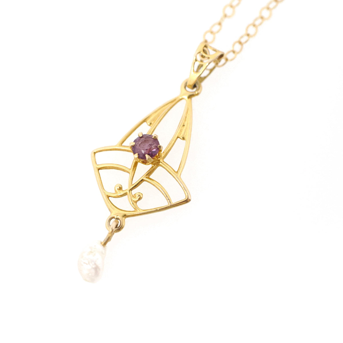 Antique Lavalier Necklace - Edwardian 10k Yellow Gold Purple Glass Pendant - Circa 1910s Era Simulated Amethyst Baroque Pearl Fine Jewelry