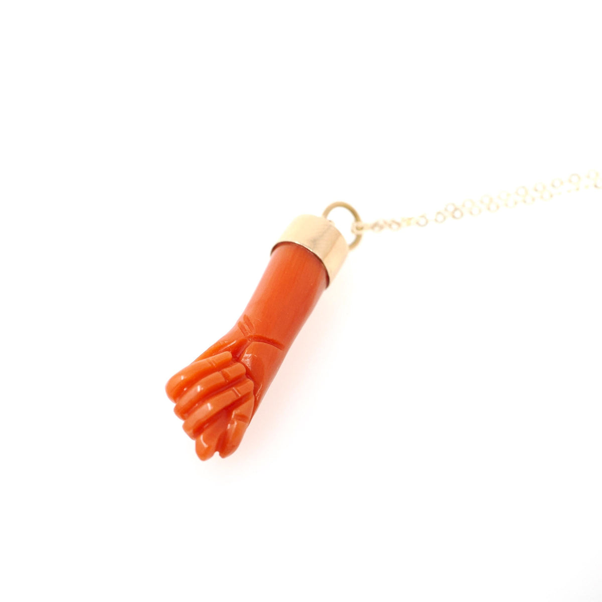 Mano Figa Pendant - Modernist 18k Yellow Gold Natural Coral Good Luck Necklace Charm - Vintage Circa 1970s Era Symbolic Hand Fine Jewelry