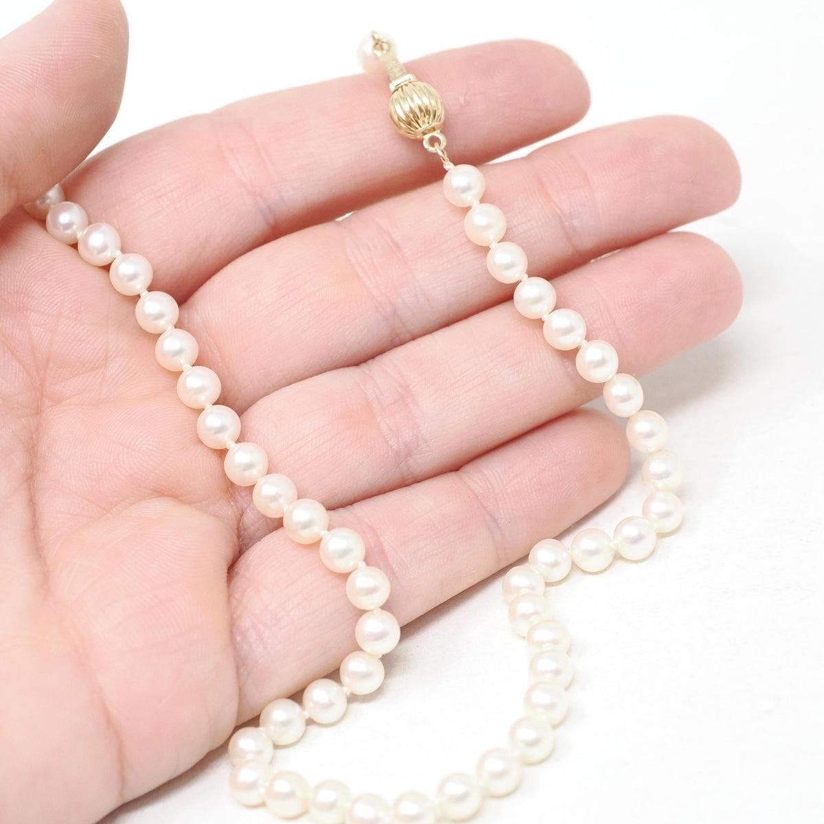Cultured Pearl Necklace - Contemporary 14k Yellow Gold Ball Clasp 4.75 MM Knotted Strand - Circa 1990s Organic Gem 18" Inch 90s Fine Jewelry