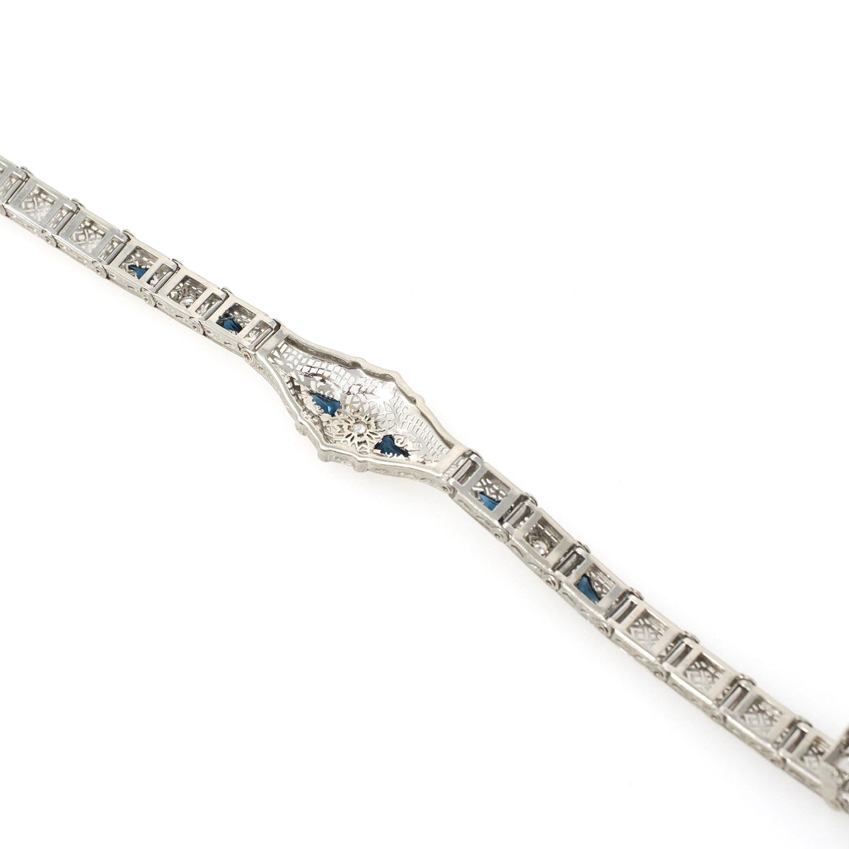 Art Deco Bracelet - Vintage 10k White Gold Natural Diamonds Blue Glass Filigree Links - Vintage Circa 1930s Simulated Sapphire Fine Jewelry
