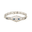 Art Deco Bracelet - Vintage 10k White Gold Natural Diamonds Blue Glass Filigree Links - Vintage Circa 1930s Simulated Sapphire Fine Jewelry