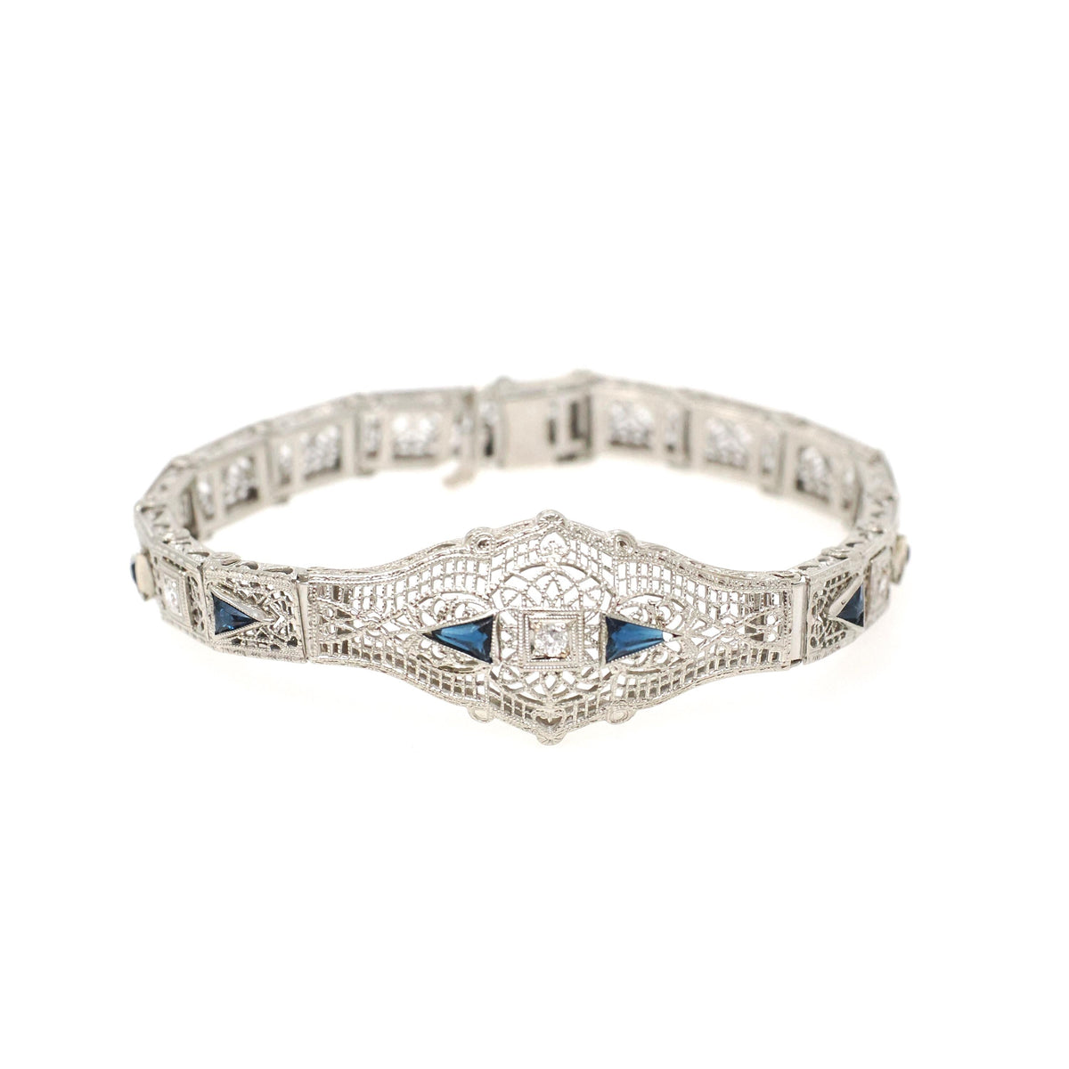 Art Deco Bracelet - Vintage 10k White Gold Natural Diamonds Blue Glass Filigree Links - Vintage Circa 1930s Simulated Sapphire Fine Jewelry