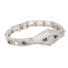 Art Deco Bracelet - Vintage 10k White Gold Natural Diamonds Blue Glass Filigree Links - Vintage Circa 1930s Simulated Sapphire Fine Jewelry