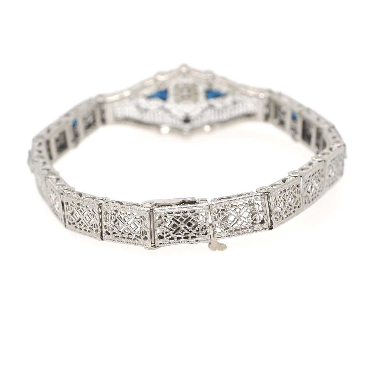 Art Deco Bracelet - Vintage 10k White Gold Natural Diamonds Blue Glass Filigree Links - Vintage Circa 1930s Simulated Sapphire Fine Jewelry